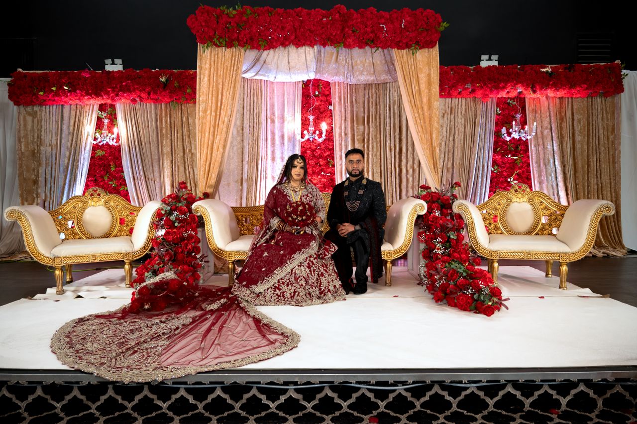 Crafting Captivating Headlines: Your awesome post title goes here A beautiful couple in traditional clothing poses elegantly on a decorated wedding stage.